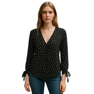 Madewell Top Womens XS Black Star Print Silk Tie Sleeve Blouse